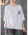 Flower Embroidery Pocket Half Sleeve Crew Neck Loose T-shirt