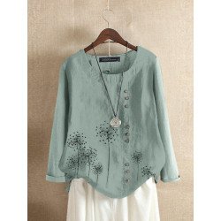 Women Plant Print Button Detail Cotton Long Sleeve Blouse