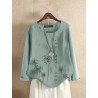 Women Plant Print Button Detail Cotton Long Sleeve Blouse