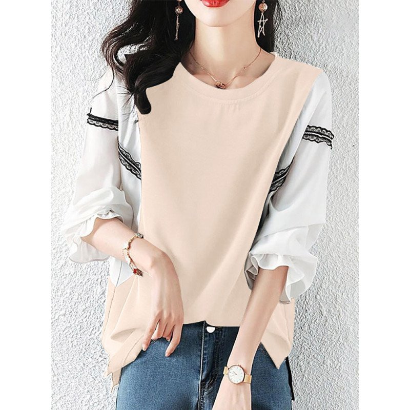 Contrast Patchwork Puff Sleeve Crew Neck Women Blouse