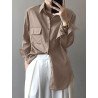 Satin Solid Pocket Button Front Long Sleeve Lapel Shirt