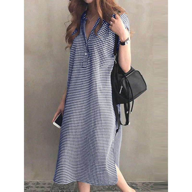 Plaid Print Slit Hem V-neck Short Sleeve Dress