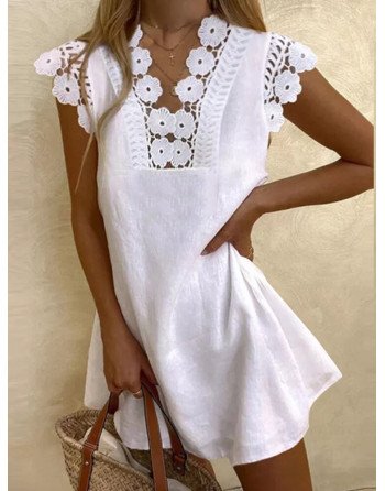 Lace Patchwork Cap Sleeve V-neck Dress For Women