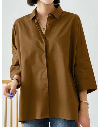 Solid Lapel Loose Casual 3/4 Sleeve Women Shirt