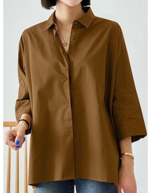 Solid Lapel Loose Casual 3/4 Sleeve Women Shirt
