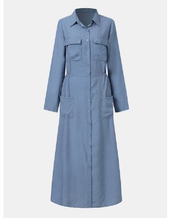 Ethnic Solid Color Pocket Button Long Sleeve Lapel Maxi Dress