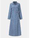 Ethnic Solid Color Pocket Button Long Sleeve Lapel Maxi Dress