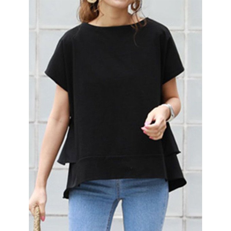 Solid Tiered Ruffle Hem Loose Short Sleeve Blouse