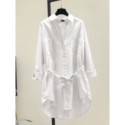 Solid Pocket Button Long Sleeve Lapel Shirt With Belt