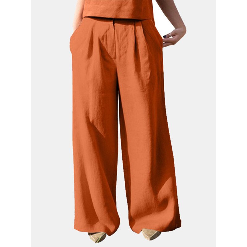 Casual Solid Pocket Wide Leg Pants For Women