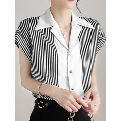 Contrast Stripe Button Front Lapel Short Sleeve Blouse