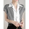 Contrast Stripe Button Front Lapel Short Sleeve Blouse