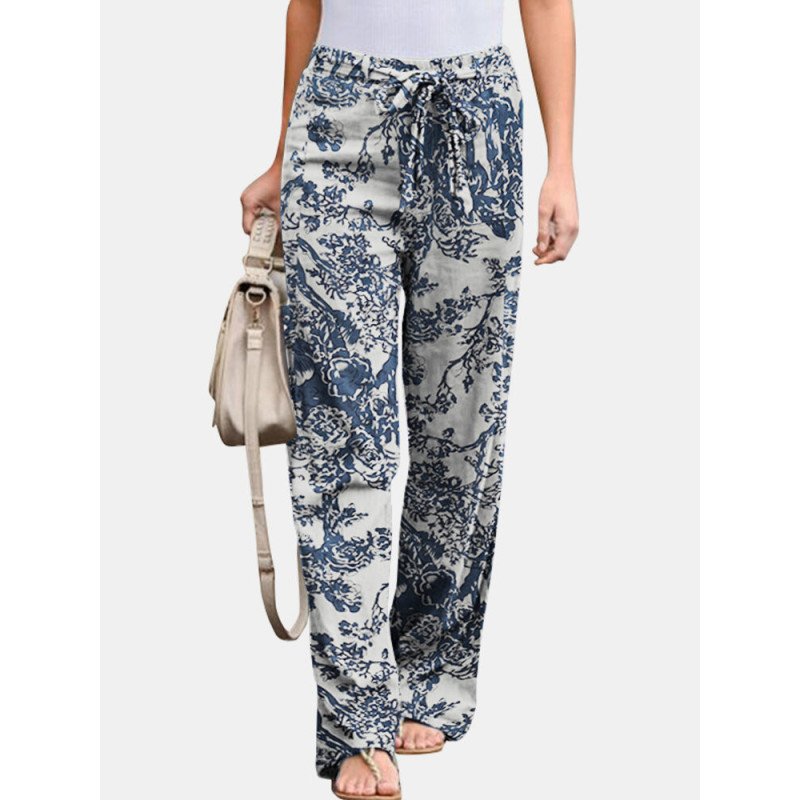 Vintage Printed Elastic Waist Straight-Legged Pants For Women