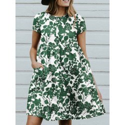 Random Allover Leaves Print Pocket Short Sleeve Button Dress