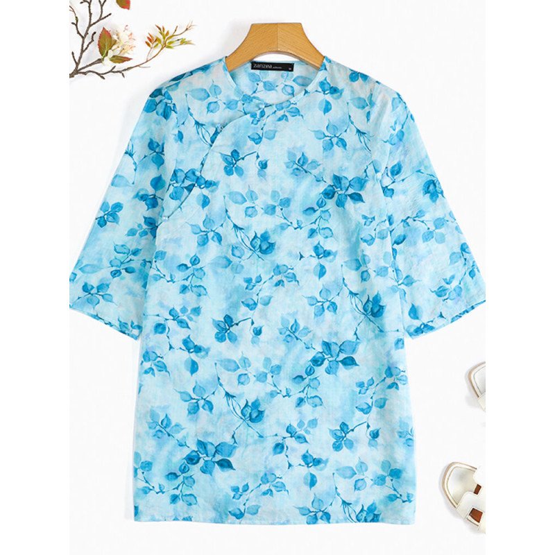 Women Floral Print Side Button Design 3/4 Sleeve Blouse