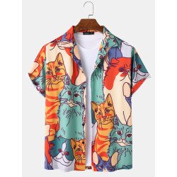 Mens Multi-Color Cat Print Loose Light Casual Short Sleeve Shirts