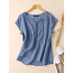 Women Lace Splice Notched Neck Casual Short Sleeve Blouse