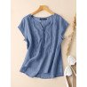 Women Lace Splice Notched Neck Casual Short Sleeve Blouse