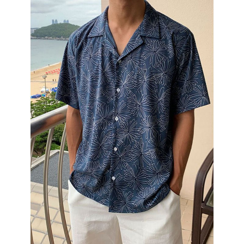 Mens Floral Print Revere Collar Vacation Short Sleeve Shirt