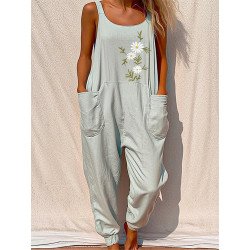 Women Floral Print Crew Neck Sleeveless Jumpsuit With Pocket