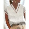 Women Hollow Out Detail V-Neck Plain Short Sleeve Blouse