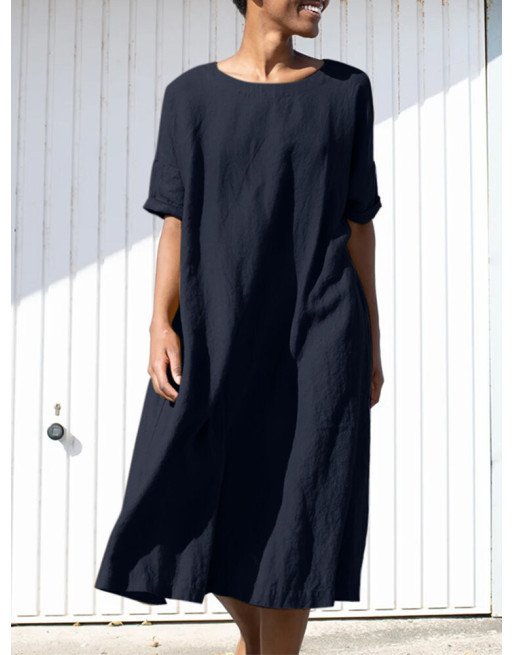 Solid Loose Crew Neck Short Sleeve Casual Dress With Belt