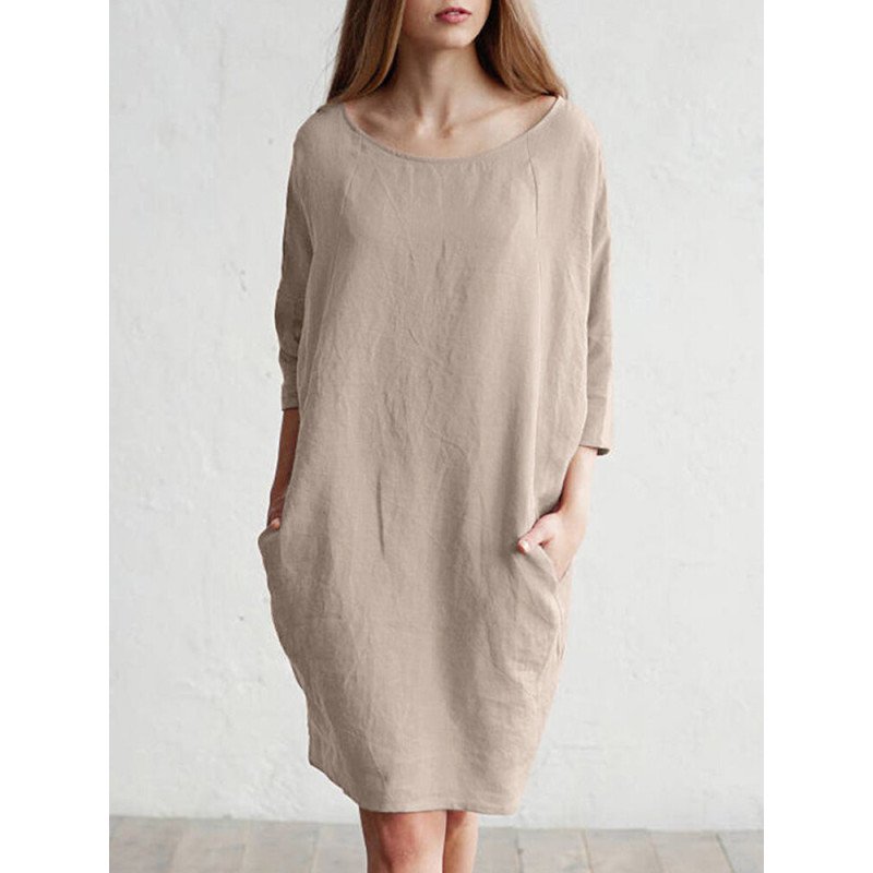 Solid Color 3/4 Sleeve O-neck Pocket Cotton Dress