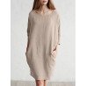 Solid Color 3/4 Sleeve O-neck Pocket Cotton Dress