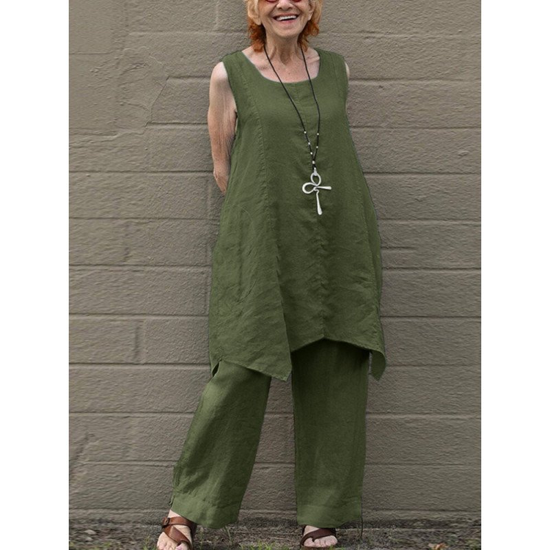 Solid Elastic Waist Sleeveless Casual Two Pieces Suit