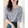 Chiffon Dot Print Half Sleeve Crew Neck Casual Blouse