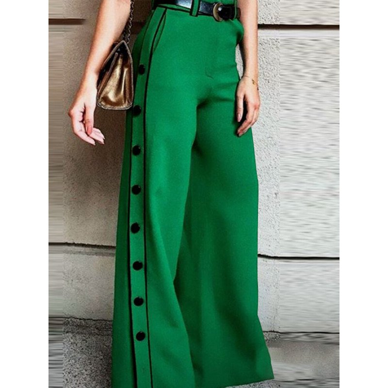 Women Plain Side Button Design Casual Wide Leg Pants