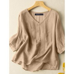 Women Lace Trim V-Neck Cotton Plain 3/4 Sleeve Blouse