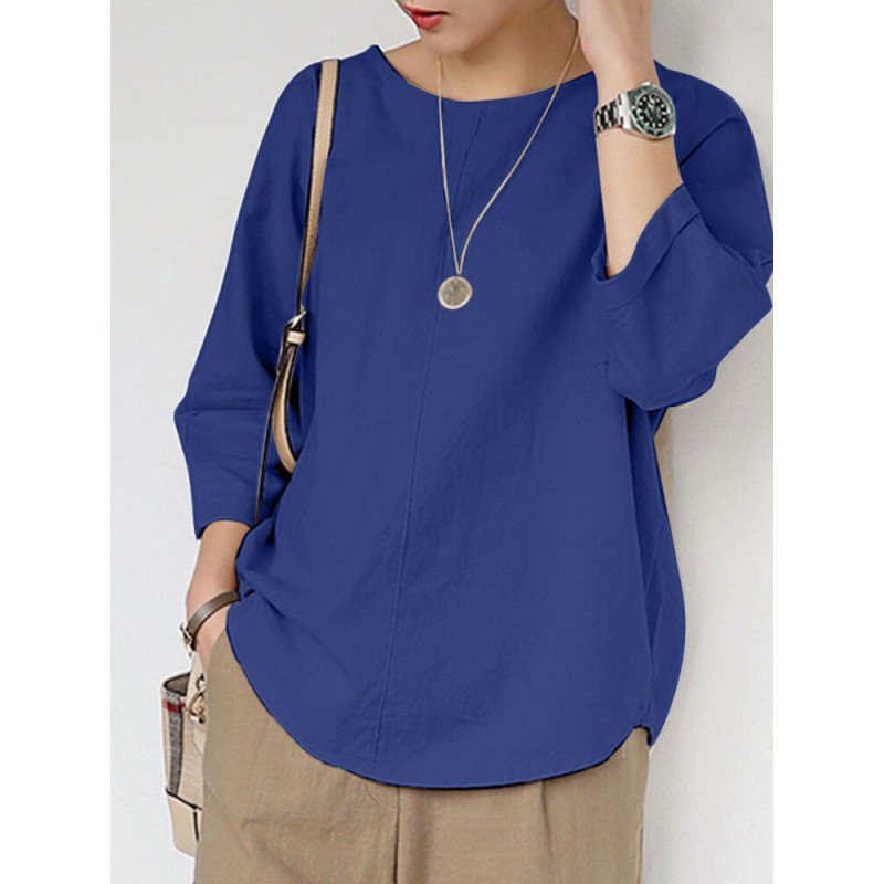 Solid Crew Neck 3/4 Sleeve Casual Blouse For Women