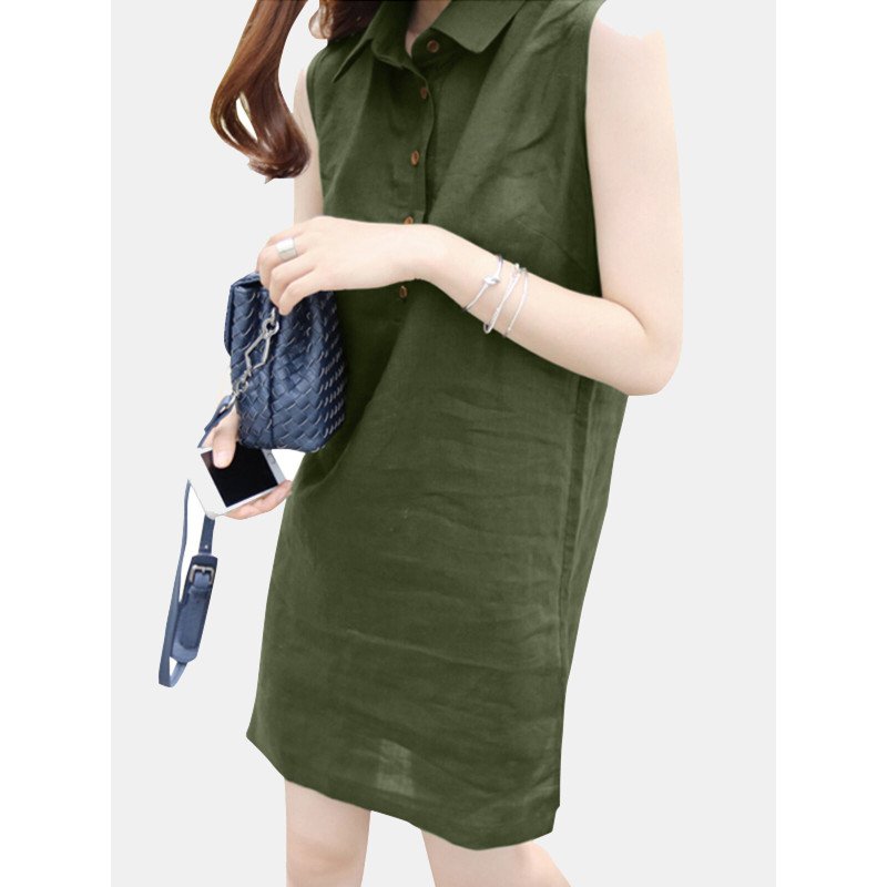 Solid Sleeveless Button Front Lapel Dress For Women