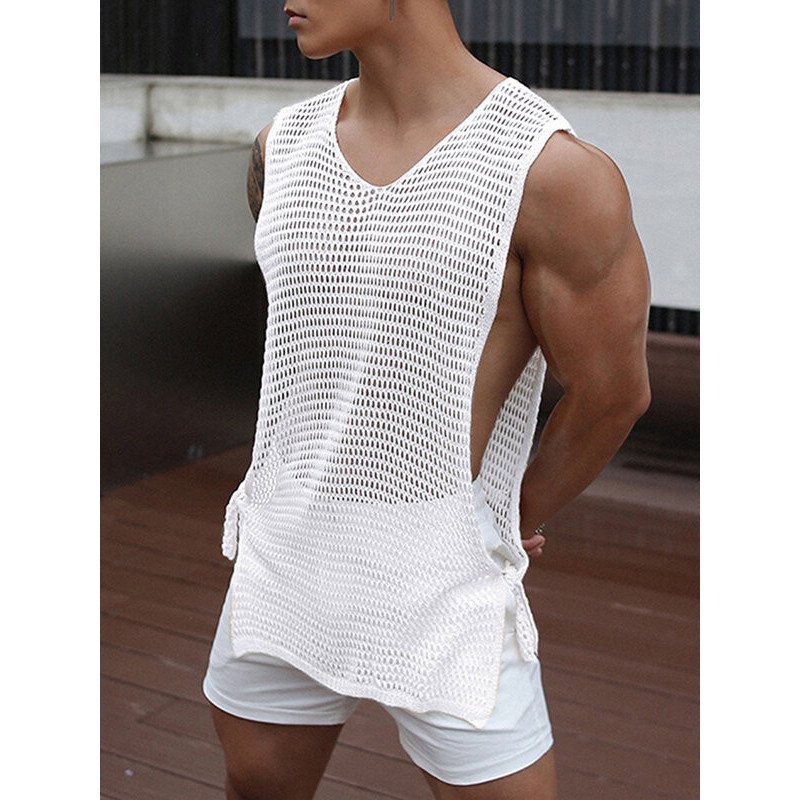 Mens Fishnet Side Split Tie V-Neck Sleeveless Tank