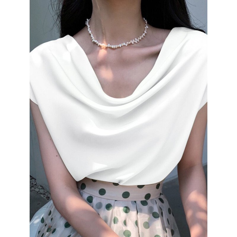 Cowl Neck Solid Satin Short Sleeve Blouse For Women