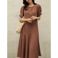 Cotton Solid Ruffle Short Sleeve Round Neck Casual Midi Dress