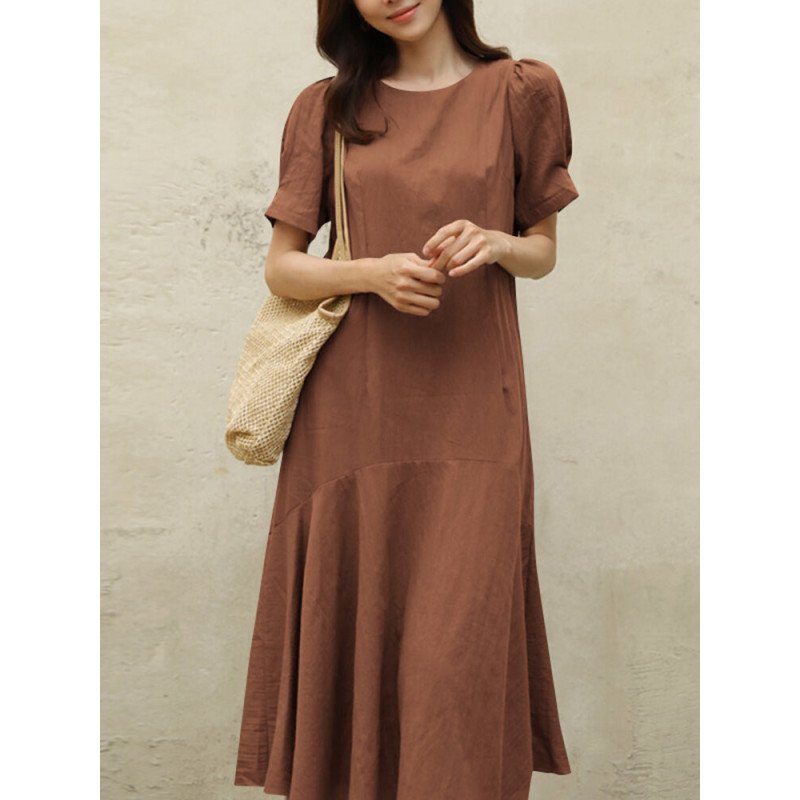 Cotton Solid Ruffle Short Sleeve Round Neck Casual Midi Dress