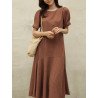 Cotton Solid Ruffle Short Sleeve Round Neck Casual Midi Dress