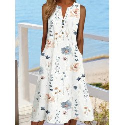 Women Floral Plant Print Notched Neck Vacation Sleeveless Dress