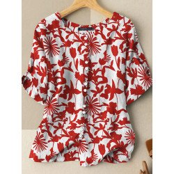 Random Allover Plants Print Button Front Half Sleeve Blouse