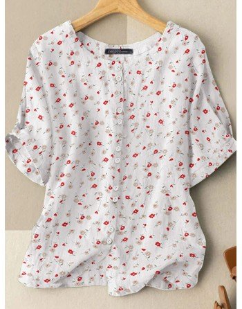 Allover Floral Print Button Front Half Sleeve Casual Blouse