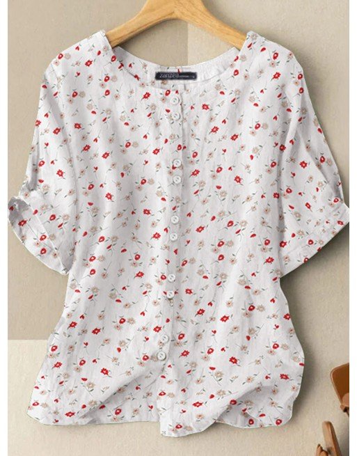 Allover Floral Print Button Front Half Sleeve Casual Blouse
