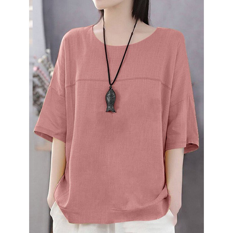 Women Plain Seam Detail Crew Neck Cotton Drop Shoulder Blouse