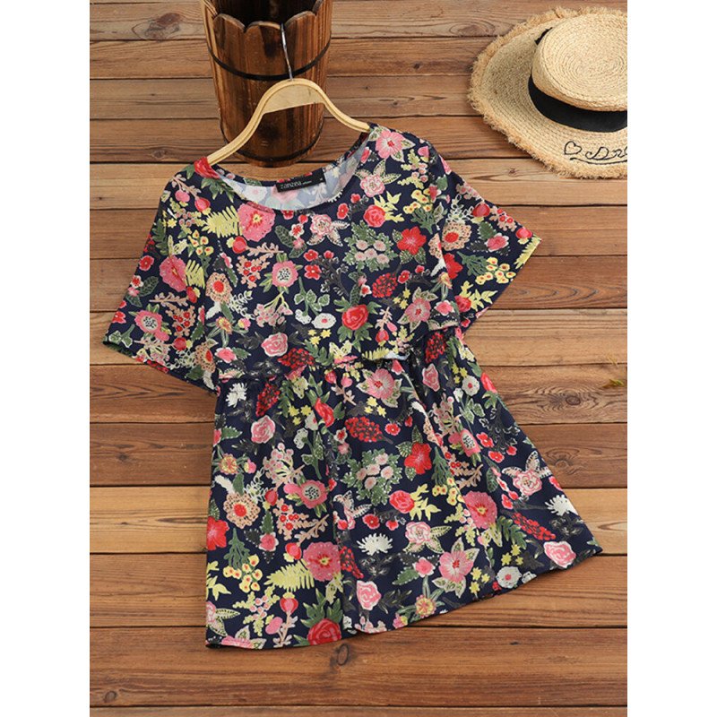 Women Floral Plant Print Ruffle Trim Short Sleeve Blouse