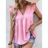 Women Solid V-Neck Ruffle Sleeveless Casual Tank Top