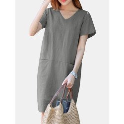 Solid Pocket Slit Hem V-neck Short Sleeve Vintage Dress
