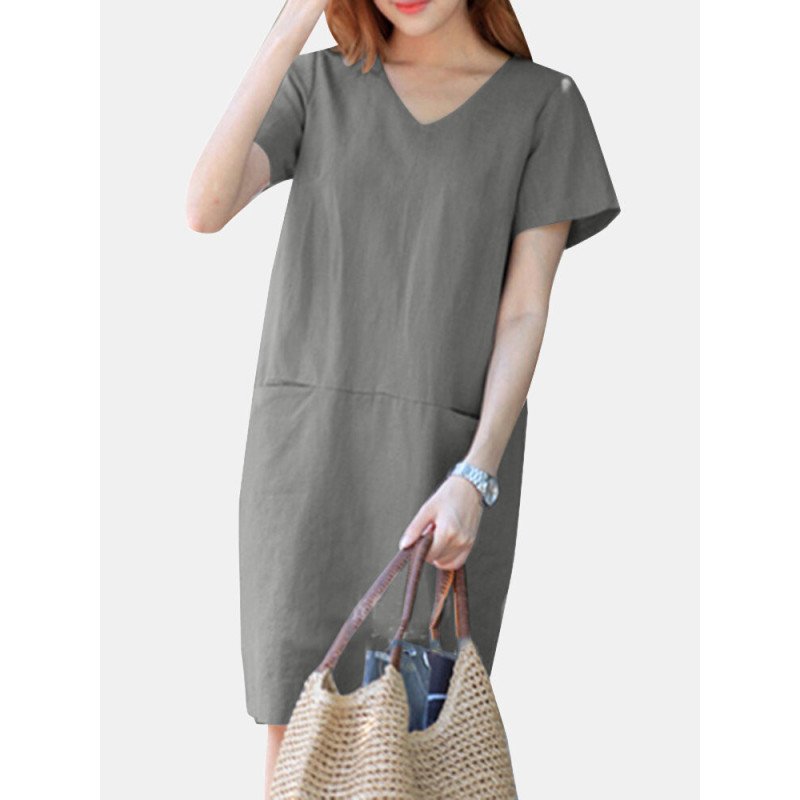 Solid Pocket Slit Hem V-neck Short Sleeve Vintage Dress
