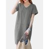 Solid Pocket Slit Hem V-neck Short Sleeve Vintage Dress