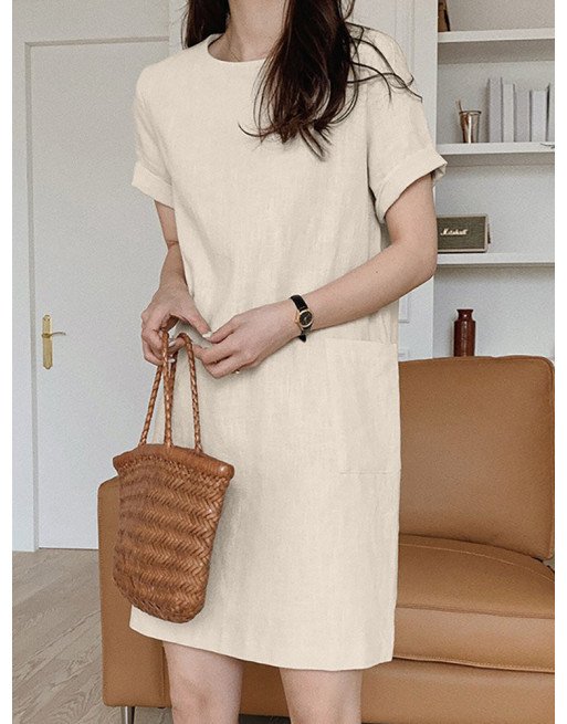Solid Short Rolled Sleeve Pocket Crew Neck Women Dress